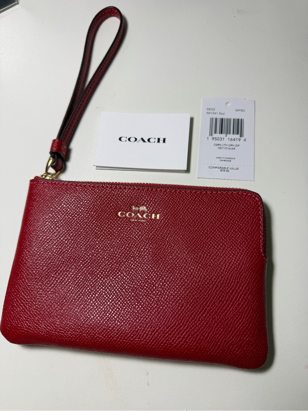 COACH BNWT Red Leather Wristlet Pouch with Gold Logo